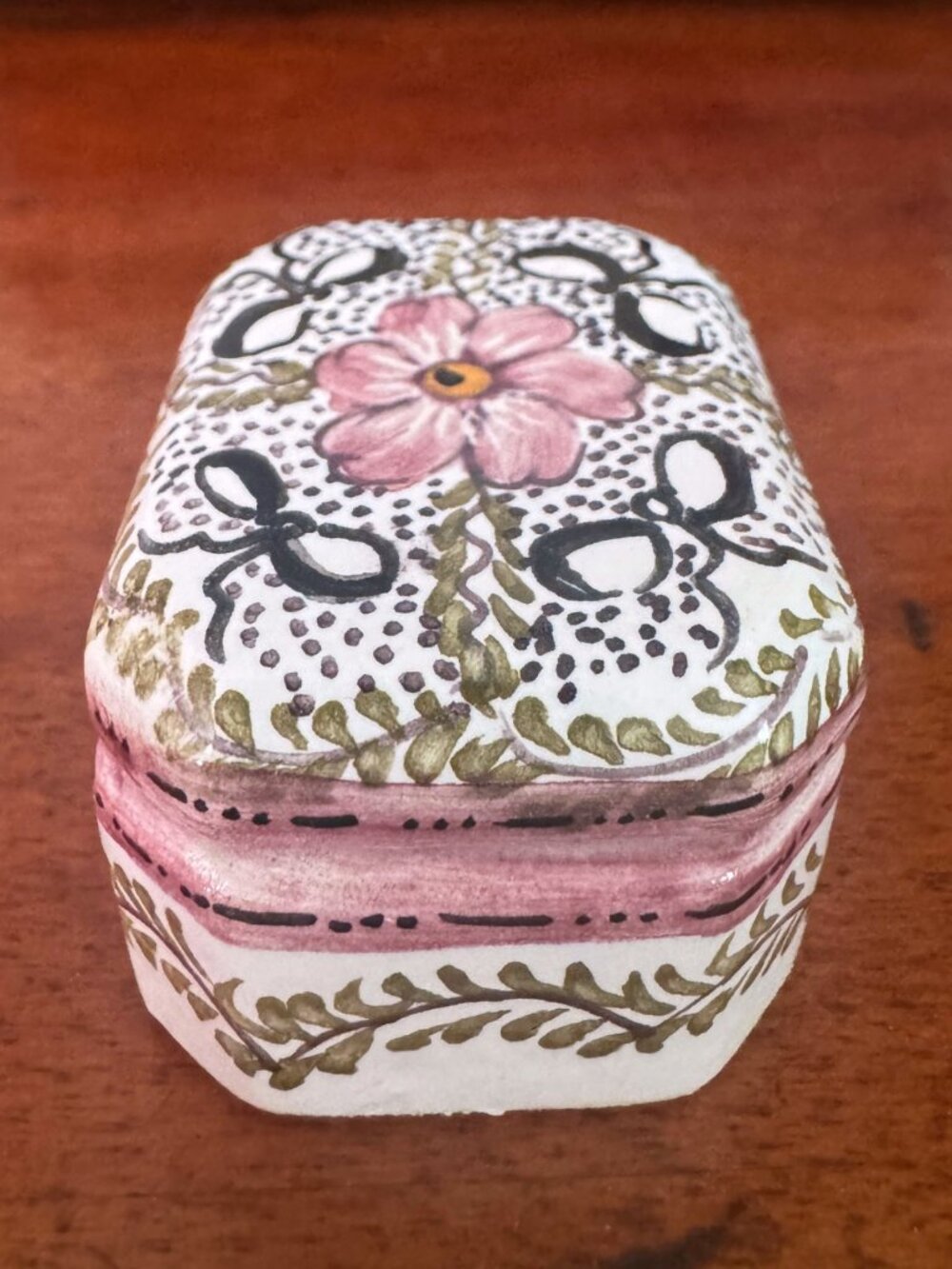 Hand Painted Portuguese Pottery Trinket Box Pink Floral Mini Box Vintage